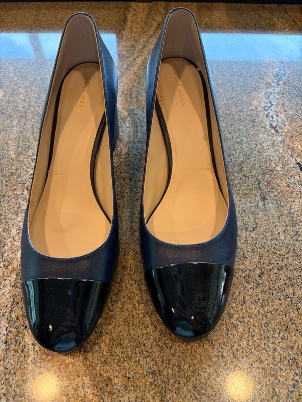 Cole Haan Navy Leather pumps with Patent Cap Toe